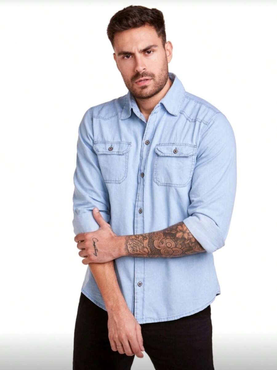 Men's Long-Sleeved Dress Shirt With Pocket - Baby Blue - View 1