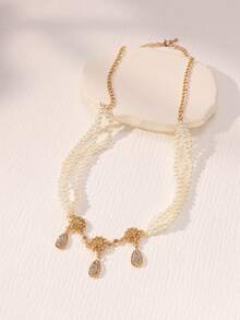 Herseygold 1 Set Pearl Necklace Earrings Gold-Plated Women's Headpiece Jewelry Set, Middle Eastern Arabic Muslim Bride Necklace Set, Luxury Wedding Gift - Gold - View 5