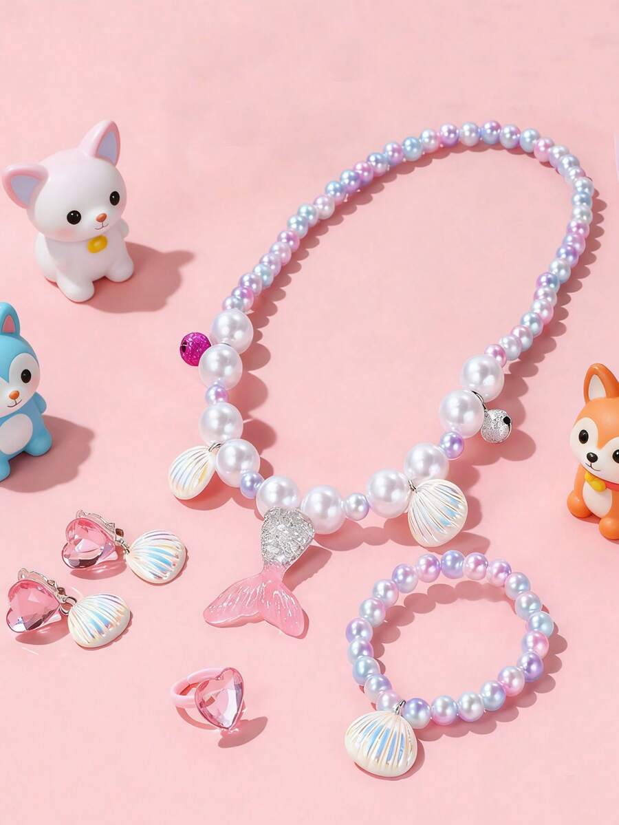 5pcs Girls Mermaid Princess Jewelry Set, Includes Necklace, Bracelet, Earrings, Ring, Suitable For Girls Party Favors/Birthday Gifts/Holiday Gifts - Multicolor - View 1