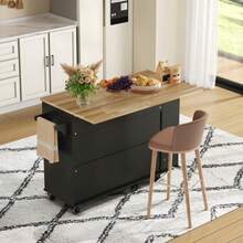 Kitchen Island With Fold-Down Worktop, Equipped With 5 Lockable Casters, Door Shelf, Wine Rack And Glass Holder, White, 120 X 45(70) X 89 Cm - 黑色 - 查看 6