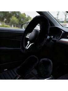 3件套毛绒兔子汽车方向盘套，蓬松冬季方向盘套，弹性车把套，方向盘套，汽车轮毂套，方向盘套，汽车配件，方向盘套，女士方向盘套
