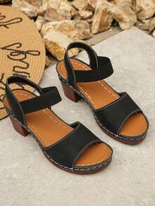 Plus Size 36-43 European & American Style Summer New Fashion Open Toe Plus Size Sandals, Slip-On Thick Heel Increased Height Ladies High Heel Sandals, Black & Brown - Black Matte - View 6