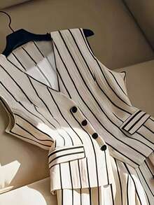 2pcs Elegant Sleeveless Striped Blouse And Slim Fit Suit Pants Set, Waist Cinching, Leg Lengthening Summer - Apricot - View 4