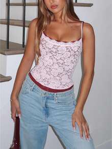 Womens Floral Lace Camisole Crop Top, Tie Front Spaghetti Strap Tank, Sheer Backless Summer Party Top - 粉色 - 查看 1