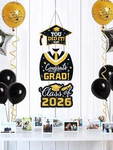 2026 Black Graduation Decorations Door Signs Congrats Grad Class Of 2026, Graduation Wreath Hanging Signs Photo Booth Prop For Senior Party - Black - View 2