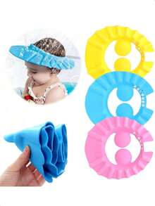 1pc Baby Pink, Blue, And Yellow EVA Waterproof Ear Protection Shampoo Cap, Cute Adjustable Baby Shampoo Hat, Suitable For Daily Bathing, Sun Protection, And Haircuts For Boys And Girls, Shampoo And Shower Protection. - Multicolor - View 2