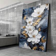 1pc Frameless Modern White Flower Vintage Canvas Wall Art, Blue Marble Posters Artwork Set For Living Room & Bedroom Decor - Multicolor - View 1
