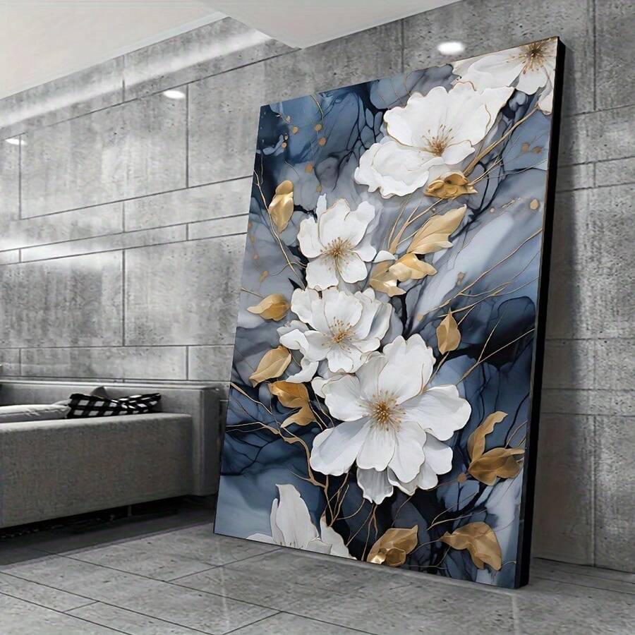1pc Frameless Modern White Flower Vintage Canvas Wall Art, Blue Marble Posters Artwork Set For Living Room & Bedroom Decor - Multicolor - View 1