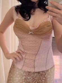 Women Fairy Grunge Tank Tops Vintage Aesthetic Lace Trim Ruched Camisole Shirt Y2K Slim Fit Knit Ribbed Coquette Clothes Streetwear - 棕色 - 查看 2