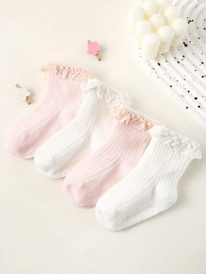 1/4 Pair Toddler/Girls' Spring/Summer Anti-Slip Dot Grip Socks, White & Pink Cute Lace Trim, Fashion Minimalist, Moisture-Wicking Breathable Comfortable Casual/Sports Socks, Suitable For Daily Wear, Holidays, Leisure Activities, Parent-Child Events