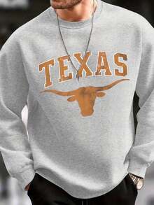 Sudadera De Cuello Redondo Casual Y Holgada Cómoda Para Hombres Con Gráfico Retro Del Longhorn De Texas Estadounidense, Estilo Callejero Hip Hop - Màu Xám nhạt - Xem 3