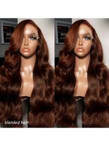 36英寸 13x4 高清蕾丝 180% 密度闭合式假发，真人混纺发，棕色假发，真人混纺发，预先拔毛，自然波浪闭合式假发，巴西真人混纺发，女士假发，13x4 蕾丝假发，10-36英寸 - 棕色 - 查看 4