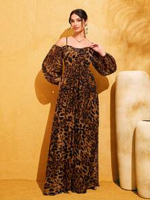 LOVE&LEMONADE 棕色豹纹长袖单肩褶皱网纱拼接褶皱开衩下摆长款派对连衣裙 - 棕色 - 查看 6