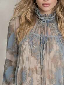 Floral Print Ruffle/Frill Twist Pleated Chiffon Long Sleeve Flare Cuff Blouse For Women Spring - Blue Flower - View 2