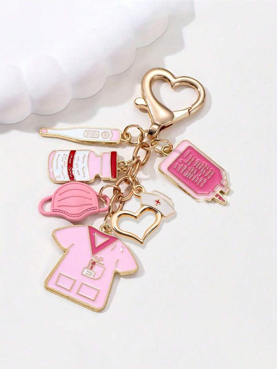 Pendentif thème infirmière/médecin en alliage, porte-clés rose, pendentif décoratif à élément médical, casquette d'infirmière, masque rose, ornement décoratif suspendu pour voiture, pendentif décoratif à boucle pour femme, porte-clés, cadeau parfait pour la Journée internationale des infirmières, design classique, pendentif de couple, convient pour les sacs, les clés, les écouteurs, les coques de téléphone, thème infirmière, Saint-Valentin, accessoires de couple, saison des mariages, cadeau d'anniversaire de mariage, cadeau d'infirmière - Multicolore - Voir 1