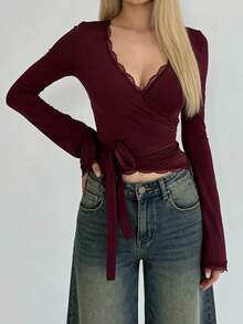 Ballet Wrap Tops For Women Y2k Lace Sheer Mesh Crop Tops Long Sleeve Deep V Neck Cross Wrap Pilates Coquette Tops Slim Fit Workout Yoga Aesthetic T-Shirts - Burgundy - View 2