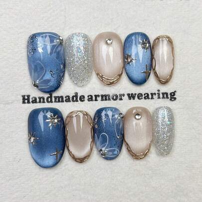 10 móng tay giả thủ công hình oval, móng acrylic dán ngắn, móng màu xanh tối giản, móng mắt mèo bóng bẩy, móng đính kim tuyến, họa tiết hoa đơn giản, vàng kim loại, đường kẻ bất đối xứng, hình chữ thập, ngôi sao, đính đá nhỏ, móng mùa đông thanh lịch sang trọng, móng dán mùa thu tối giản, móng giả đa năng tự làm nghệ thuật móng tay, phù hợp cho tiệc tùng, hàng ngày và hẹn hò, thích hợp sử dụng trong môi trường làm việc, có thể tái sử dụng, làm quà tặng cho phụ nữ và bé gái, dụng cụ làm móng thủ công.