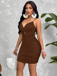 AIJ Amarilo Twist Strap Ruched Bodycon Dress (Random Floral Print) Summer Elegant - Coffee Brown - View 5