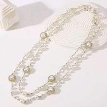 1pc Fully Rhinestone & Pearl Decor Long Necklace, Fashion Versatile Sweater Chain, Suitable For Dress, Suit, Party, Evening Wear - Multicolor - View 14
