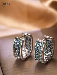 Hihho 1 对优雅金色闪亮蓝色和绿色方晶锆石装饰耳环，情侣首饰，节日/情人节礼物 - 金色 - 查看 6