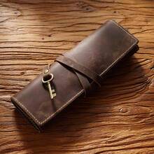 1个复古疯马皮PU皮革铅笔盒，多功能文具收纳卷袋，可装多支笔，高端返校必备单品 - A - 查看 3