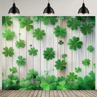 1pc St. Patrick's Day Green Shamrock Background Banner, Durable Polyester Material, Suitable For Seasonal Celebrations And Live Broadcast Props, Indoor/Outdoor Irish Holiday Decorations For Home, Garden, Porch, Suitable For Year-Round Party Decorations (Lucky Shamrock Design), Irish Door Garland, Irish Door Flags, Door Flags, Birthday Decorations.