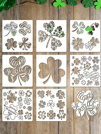 8pcs Clover-Shaped Cutout Painting Template, Reusable St. Patrick's Day Themed Template, Made Of Polyethylene Film, Suitable For Envelope Painting, DIY Craft Decorations, Graffiti Spray Painting, And Baking Decorations. Perfect For St. Patrick's Day, Birthday Parties, And Themed Parties.