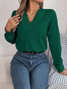 Blusa de manga larga con cuello en V de unicolor, elegante y casual para mujer, primavera/verano - Verde - Ver 6