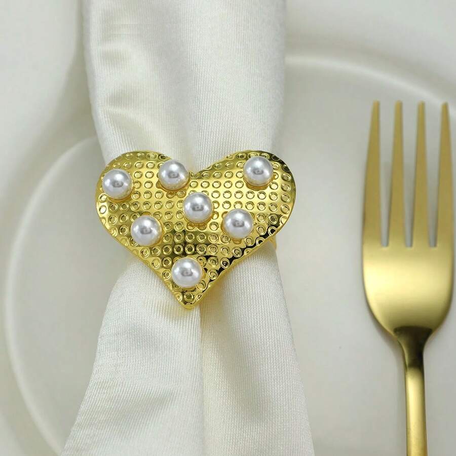 1个珍珠心形餐巾环，适用于西餐厅，优雅的餐巾架 - 金色 - 查看 1