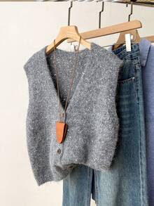 Women's Comfortable Deep V-Neck Sequin Sweater Vest, Regular Length, Slightly Stretchy, Spring Apparel - Dark Grey - View 7