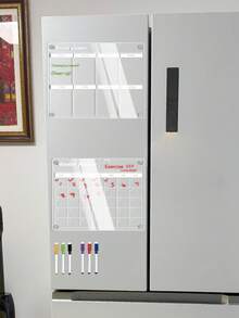 一套磁性亚克力白板，磁性冰箱留言板，透明白板，适用于计划、展示、日历，配有6支白板笔和磁性螺丝。