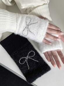1 Pair Solid Color Rhinestone Bow Half Finger Gloves, Women's Plush Half Finger Gloves Suitable For Outdoor Warmth And Cold Protection In Autumn/Winter - Multicolor - View 8