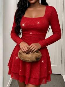 Women's Crimson Shiny Square-Neck Mini Dress With Long Sleeves, Layered Sequin A-Line Skirt, Perfect For Holiday Parties And Romantic Date Nights - 紅色 - 查看 5