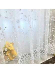 1pc Pastoral Style Embroidered Sheer Milk Silk Curtain Panel, Suitable For Living Room, Kitchen, Bathroom - White - View 1