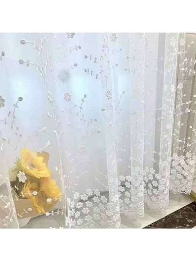 1pc Pastoral Style Embroidered Sheer Milk Silk Curtain Panel, Suitable For Living Room, Kitchen, Bathroom