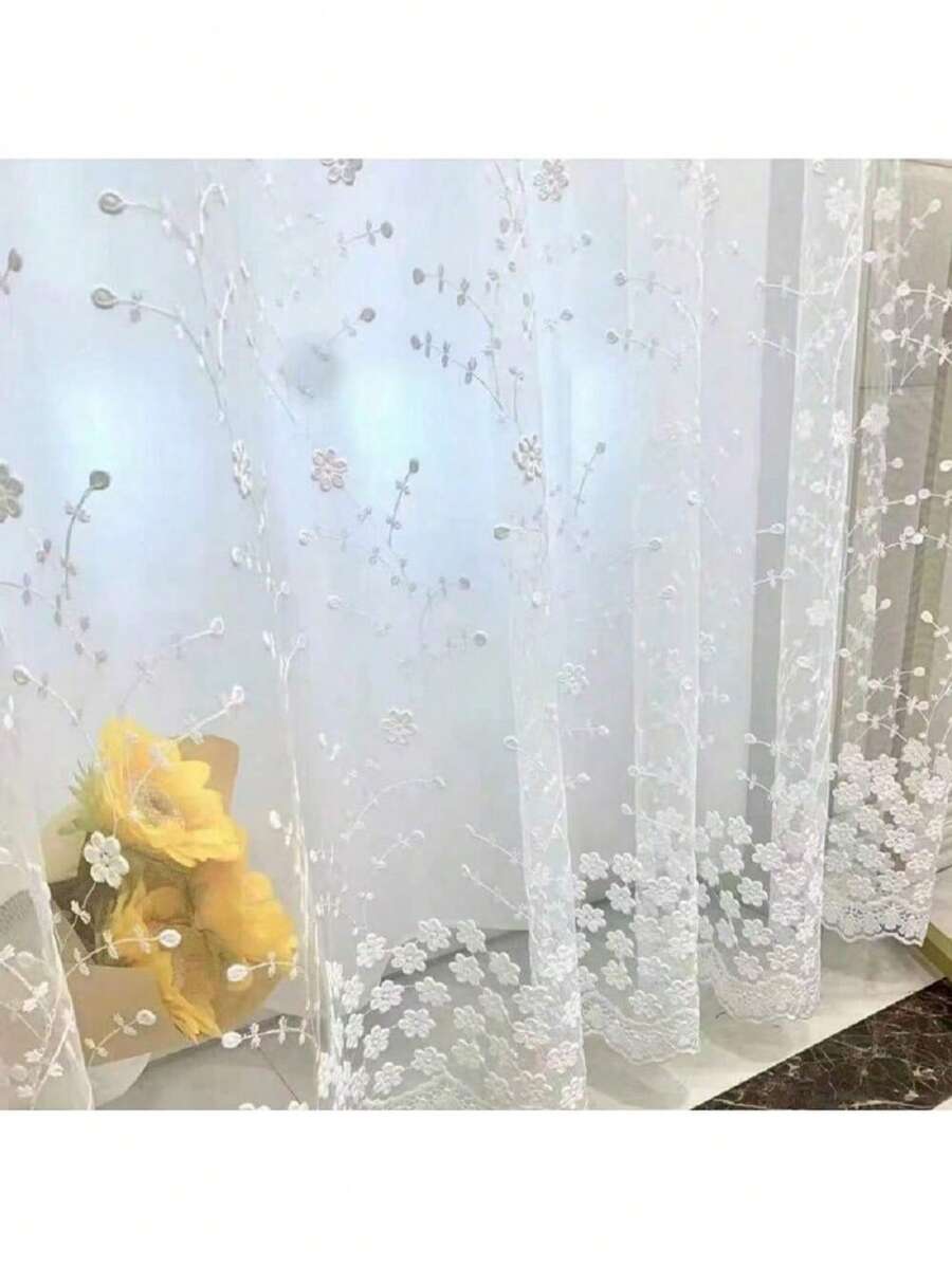 1pc Pastoral Style Embroidered Sheer Milk Silk Curtain Panel, Suitable For Living Room, Kitchen, Bathroom - White - View 1
