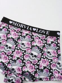 Dircho 5pcs Random Women Gothic Skull Print Contrast Binding Boyshorts, Comfy & Sofy Elastice Waist Intimates Panties, Women's Lingeries & Underwear - Multicolor - View 2