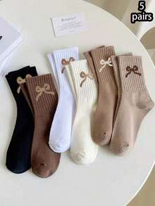 5 Pairs Kids Soft & Warm Merrald Color Bowknot Elastic Mid-Calf Socks, School Style, All Season - Multicolor - View 5