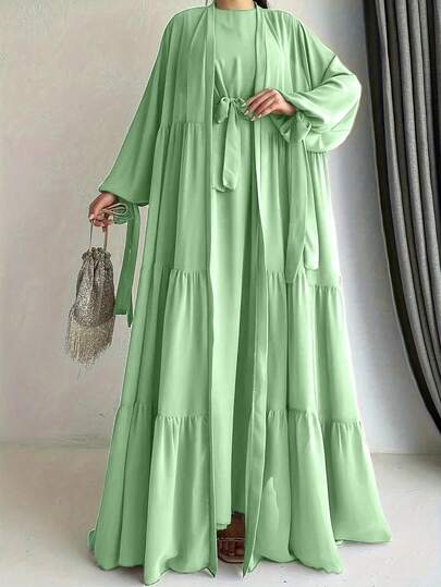 Women's Solid Color Lantern Sleeve Long Robe And Dress Loose Casual Arabic Set