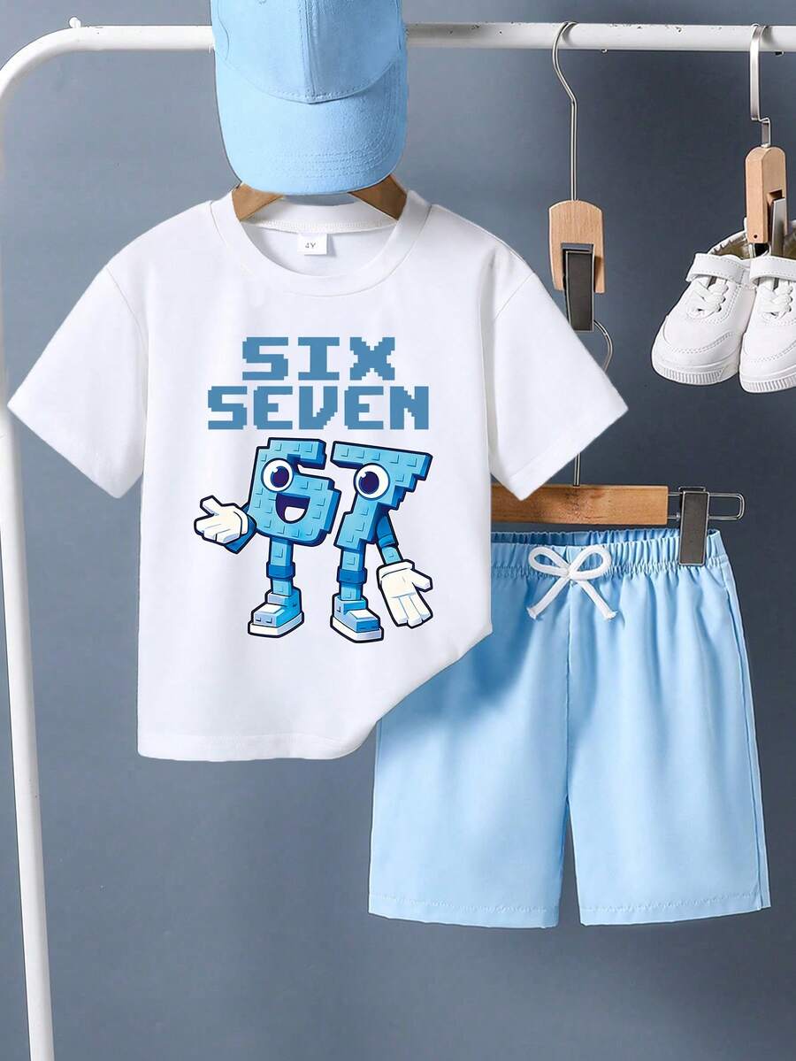 T-shirt à manches courtes et short imprimés de dessins animés, tenue décontractée pour jeune garçon - Blanc - Voir 1
