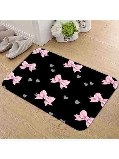 1PC Floor--Cute Pink Bow & Gray Heart Pattern Black Background Area Rug, Decorative Watercolor Bow Floor Bedroom Living Room, Playful Feminine Design Non-Slip Floor Rug--Flannel, MatSoft, Comfortable And Easy To Clean, Suitable Hallway Bathroom, Bedroom, Kitchen, Porch, Laundry Room, RV Outdoor Decoration Holiday Decoration Three Sizes Available Door Decor Fall Decorations Home