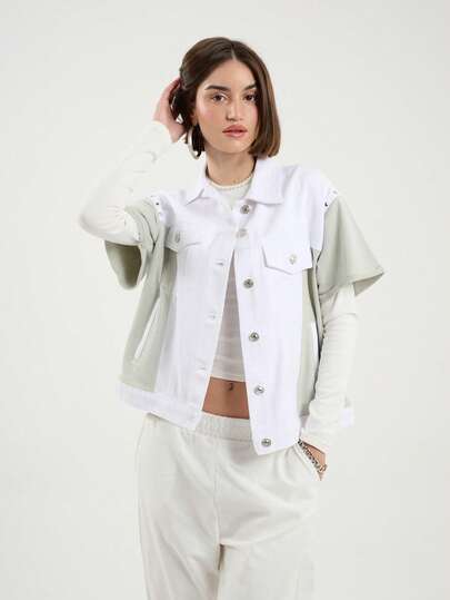 Daily Color-Block Short Sleeve Jacket – White & Mint Green – Studded Detail – MADE IN TURKEY