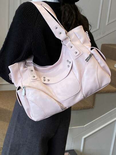 Rivet Zipper Decor One Shoulder Bag, Large Capacity Motorcycle Style Tote Bag With Multiple Pockets, Crossbody Bag For Women Daily Use And Short-Distance Travel