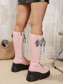 Women's Round Toe Thick Sole High Heel Tall Boots, Pink & Black, Lace-Up Elastic Fashion Boots, Autumn/Winter - Pink - View 5