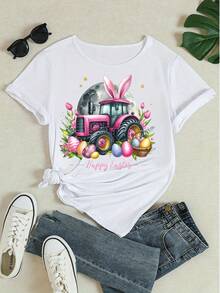 Damen Fröhliches Ostern Grafik T-Shirt Kurzarm Rundhals T-Shirt Süße Hasenohren Rosa Traktor Eier Blume Muster Lässiges Feiertagsshirt - Weiss - Übersicht 4