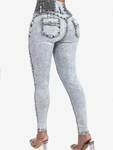 1pc Casual High Waist Skinny Washed Denim Jeans - Blue - View 3