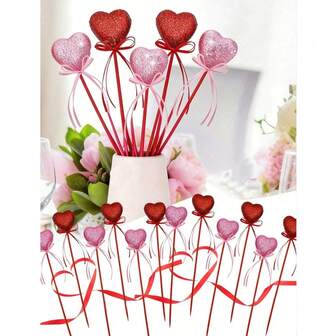 6 Piezas "Etiquetas con forma de flor con corazón brillante: Palos decorativos de San Valentín en rojo y rosa, adecuados para ramos de San Valentín, arreglos florales de cumpleaños, jarrones del hogar, decoraciones de boda y arreglos florales - Con un diseño con forma de corazón brillante y adornos de cinta, son la opción perfecta para decoraciones florales románticas y ramos de regalo."