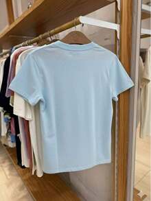 Casual Chic Tropical Print T-Shirt, Premium Knit Fabric, Immediate Shipping - 淺藍色 - 查看 3