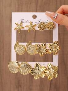 1/6 Pairs New Fashion Gold Smooth Rose, 5-Petal Flower, Leaf, Starfish, Seashell Stud Earrings Set, Suitable For Women And Girls Daily Wear, Fashionable And Elegant, Can Match Different Outfits - Gold - View 1