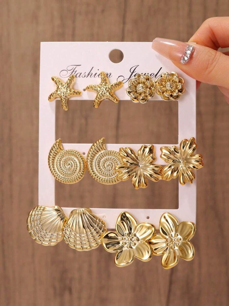 1/6 Pairs New Fashion Gold Smooth Rose, 5-Petal Flower, Leaf, Starfish, Seashell Stud Earrings Set, Suitable For Women And Girls Daily Wear, Fashionable And Elegant, Can Match Different Outfits - Gold - View 1